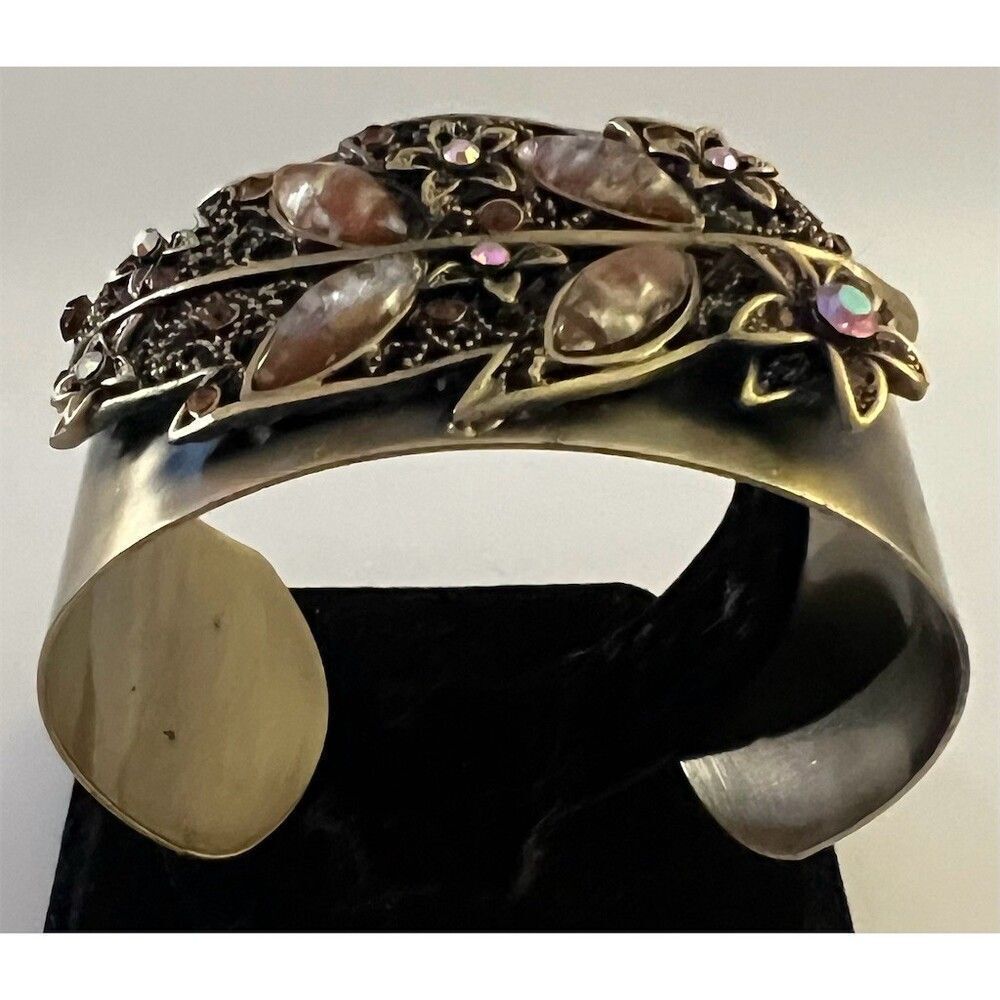 Wide Gold Tone Cuff Bracelet Floral Leaf Iridescent Rhinestones Marquise